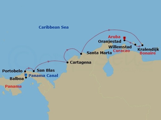 11 Night - Panama to Aruba - Star Clipper - Starting in Balboa (Isla Flamenco), Panama, Panama Canal Transit, Portobelo, Panama, San Blas Archipelago, Panama, Cartagena De Indias, Colombia, Santa Marta, Colombia, Kralendijk, Bonaire, Willemstad AN, Curacao, Oranjestad, Aruba itinerary map