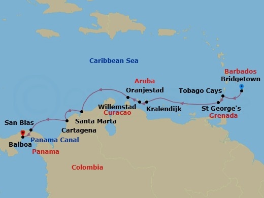 14 Night - Barbados to Panama - Star Clipper - Starting in Bridgetown, Barbados, Tobago Cays, Grenadines, St Georges, Grenada, Kralendijk, Bonaire, Willemstad AN, Curacao, Oranjestad, Aruba, Santa Marta, Colombia, Cartagena De Indias, Colombia, San Blas Archipelago, Panama, Panama Canal Transit, Balboa (Isla Flamenco), Panama itinerary map