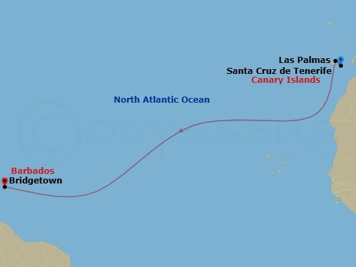 15 Night - Westbound Atlantic Ocean Crossing - Star Clipper - Starting in Las Palmas, Gran Canaria / Canary Islands, Spain, Santa Cruz de Tenerife, Bridgetown, Barbados itinerary map