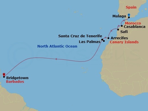 22 Night - Westbound Atlantic Ocean Crossing - Star Clipper - Starting in Malaga, Spain, Casablanca, Morocco, Safi, Morocco, Arrecife / Lanzarote / Canary Islands, Spain, Santa Cruz de Tenerife, Las Palmas / Gran Canaria / Canary Islands, Spain, Santa Cruz de Tenerife, Bridgetown, Barbados itinerary map
