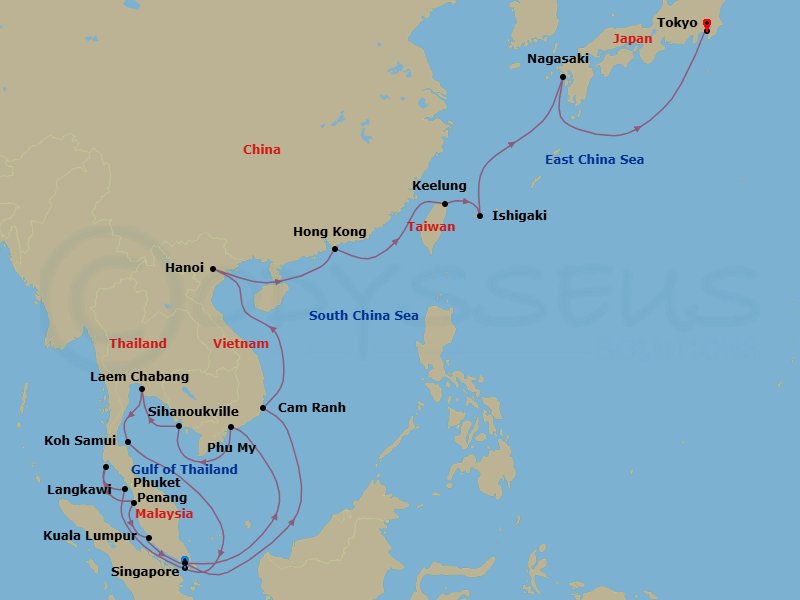 28 Night - Japan & Southeast Asia Grand Adventure - Sapphire Princess - Starting in Singapore, Ho Chi Minh City (Phu My), Vietnam, Sihanoukville, Cambodia, Laem Chabang (for Bangkok), Thailand, Ko Samui, Thailand, Langkawi, Malaysia, Phuket, Thailand, Penang, Malaysia, Kuala Lumpur (Port Kelang), Malaysia, Singapore, Cam Ranh (Nha Trang), Vietnam, Halong Bay / Hanoi (Cai Lan), Vietnam, Scenic Cruising Halong Bay, Hong Kong, Taipei (Keelung), Ishigaki, Japan, Nagasaki, Japan, Tokyo, Japan itinerary map