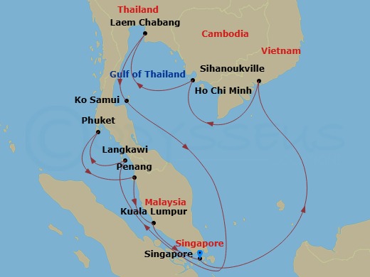 Sapphire Princess - 14 Night - Southeast Asia with Malaysia, Thailand & Vietnam - Sapphire Princess - Starting in Singapore, Ho Chi Minh City (Phu My), Vietnam, Sihanoukville, Ca.. itinerary map