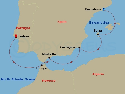 Evrima - 6 Night - Barcelona (Tarragona) / Lisbon - Evrima - Starting in Barcelona (Tarragona), Ibiza, Balearic Islands, Cartagena ES, Marbella, Tangier, Lisbon itinerary map