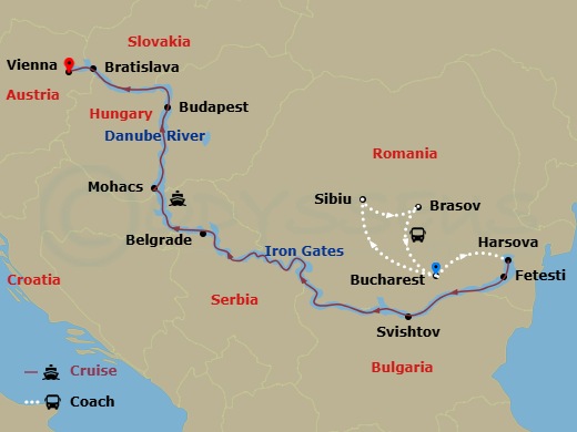 MS Amadeus Aurea Cruise Tours - 14 Night - Transylvania Pre Program and Lower Danube - MS Amadeus Aurea Cruise Tours - Starting in Bucharest, Sibiu, Brasov, Bucharest, Harsova, Fetesti, Svis.. itinerary map