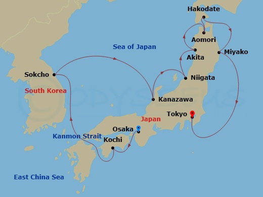 Seabourn Encore - 12 Night - Harvest Horizons : Japan's Coastal Charms - Seabourn Encore - Starting in Osaka, Japan, Kochi, Japan, Scenic Cruising Kanmon Straits, Sokcho, South.. itinerary map
