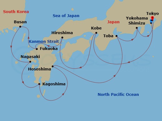 Seabourn Encore - 14 Night - Japan's Crafts & Cherry Blossoms - Seabourn Encore - Starting in Yokohama, Japan, Kobe, Japan, Hiroshima, Japan, Scenic Cruising Kanmon Straits, Fu.. itinerary map