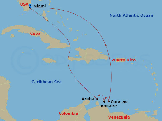 Carnival Horizon - 8 Night - Southern Caribbean - Carnival Horizon - Starting in Miami, Fl, Celebration Key, the Bahamas, Aruba, Curacao, Miami, Fl itinerary map