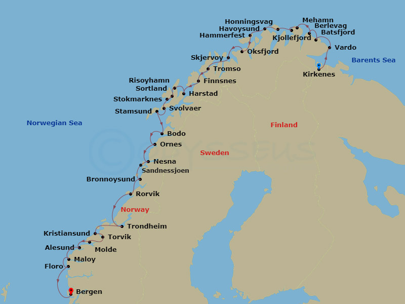 MS Nordlys - 5 Night - The Coastal Express - South - MS Nordlys - Starting in Kirkenes, Vardo, Batsfjord, Berlevag, Mehamn, Kjollefjord, Honningsvag, Havoysund, Hammerfest.. itinerary map