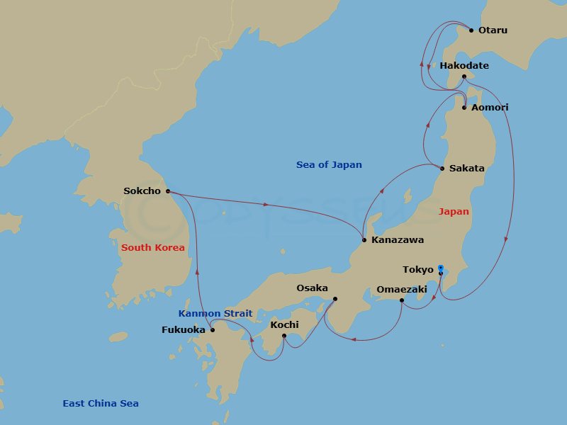 HAL Westerdam - 14 Night - Circle Japan - HAL Westerdam - Starting in Tokyo, Japan, Omaezaki, Japan, Osaka, Japan, Kochi, Japan, Scenic Cruising Kanmon Straits, Fukuoka (Haka.. itinerary map