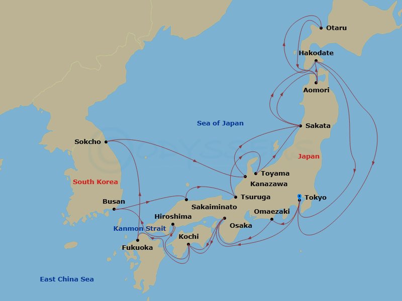 HAL Westerdam - 28 Night - Circle Japan Collector - HAL Westerdam - Starting in Tokyo, Japan, Osaka, Japan, Kochi, Japan, Hiroshima, Japan, Scenic Cruising Kanmon Straits, Bu.. itinerary map