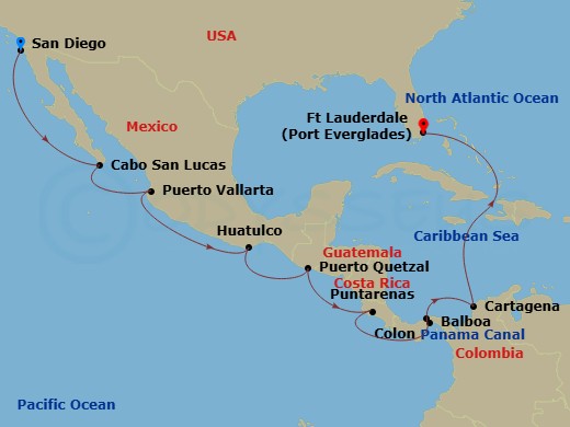 HAL Zaandam - 15 Night - Panama Canal Holiday - HAL Zaandam - Starting in San Diego, California, Cabo San Lucas, Mexico, Puerto Vallarta, Mexico, Huatulco, Mexico, Puerto Q.. itinerary map