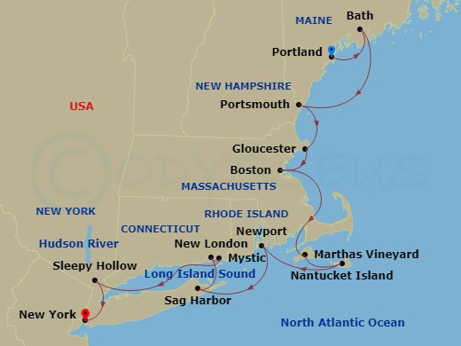 American Maverick - 14 Night - New England Fall Foliage Cruise - American Maverick - Starting in Portland ME, Day of Cruising the Maine Coast, Bath, ME, Portsmouth NH, Gloucester.. itinerary map