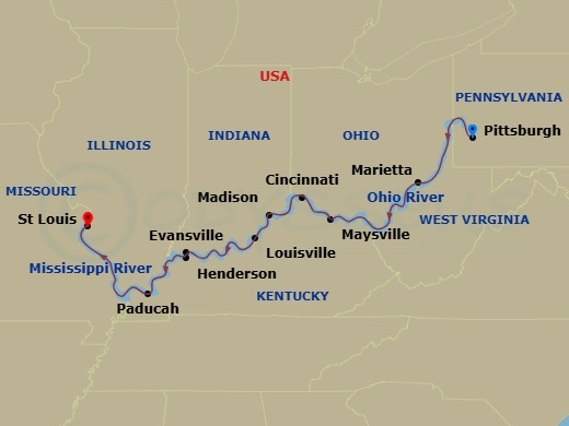 American Symphony - 15 Night - Grand Ohio River Cruise - American Symphony - Starting in Pittsburgh, PA, Day of Cruising, Marietta, OH, Day of Cruising, Maysville, KY, Cincinnati.. itinerary map