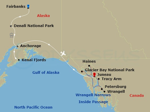 American Constitution Cruise Tours - 15 Night - Alaska National Parks - American Constitution Cruise Tours - Starting in Fairbanks, AK, Denali National Park, AK, Travel to Anchorage, AK, Kenai Fj.. itinerary map