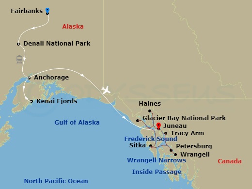 American Constellation Cruise Tours - 18 Night - Grand Alaska National Parks - American Constellation Cruise Tours - Starting in Fairbanks, AK, Denali National Park, AK, Travel to Anchorage, AK, K.. itinerary map
