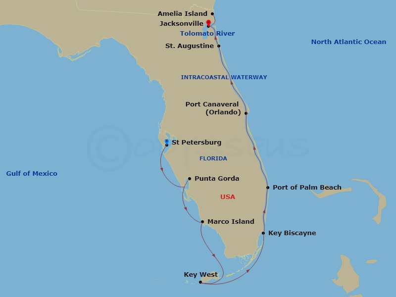 American Patriot - 14 Night - Grand Florida Coast & Keys Cruise - American Patriot - Starting in St Petersburg FL, Punta Gorda, FL, Marco Island, FL, Day of Cruising, Key West,.. itinerary map