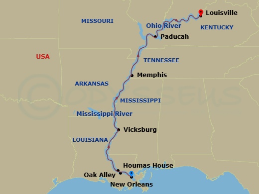American Heritage - 11 Night - Mississippi River Gateway Cruise - American Heritage - Starting in New Orleans, La, Cruising the Mississippi River, Oak Alley, LA / Houmas House, L.. itinerary map