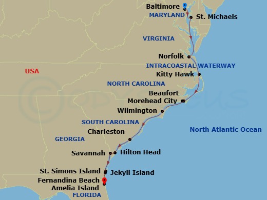 American Eagle - 14 Night - East Coast Inland Passage Cruise - American Eagle - Starting in Baltimore, MD, St Michaels, MD, Norfolk, Va, Kitty Hawk, NC, Beaufort, NC / Morehea.. itinerary map