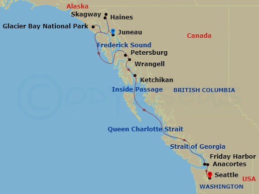 American Constitution - 15 Night - Alaska Inside Passage Cruise - American Constitution - Starting in Juneau, Ak, Afternoon of Cruising, Haines, AK, Skagway, Ak, Glacier Bay National.. itinerary map