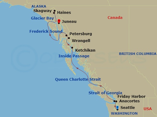 American Constitution - 14 Night - Alaska Inside Passage Cruise - American Constitution - Starting in Seattle, Wa, Anacortes, WA, Friday Harbor, WA, Cruising Strait of Georgia, Cruis.. itinerary map