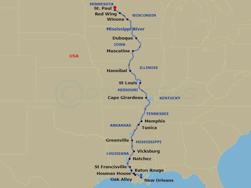 American Melody - 22 Night - Complete Mississippi River Cruise - American Melody - Starting in New Orleans, La, Day of River Cruising, Oak Alley, LA, Houmas House, LA, Baton Ro.. itinerary map