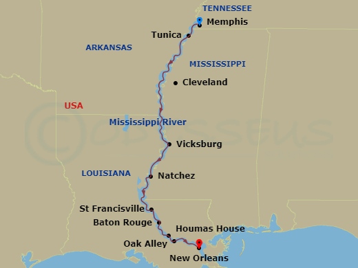 American Symphony - 11 Night - Mississippi Explorer Cruise - American Symphony - Starting in Memphis, TN, Cruising the Mississippi River, Tunica, MS, Cleveland, MS, Day of River.. itinerary map