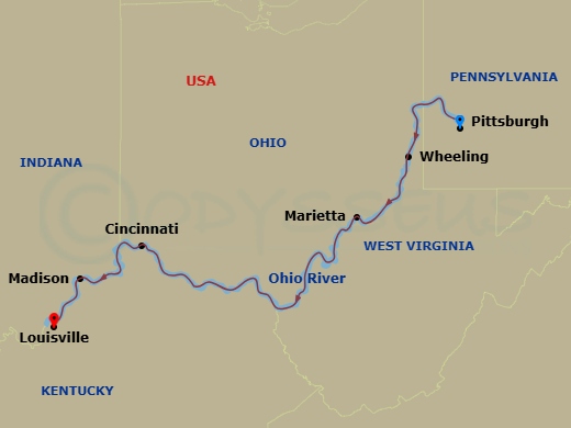 American Melody - 8 Night - Ohio River Cruise - American Melody - Starting in Pittsburgh, PA, Day of Cruising, Wheeling, WV, Marietta, OH, Day of Cruising, Cincinnati, OH, Madi.. itinerary map
