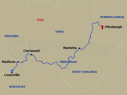 American Melody - 8 Night - Ohio River Cruise - American Melody - Starting in Louisville, KY, Day of Cruising, Madison, IN, Cincinnati, OH, Day of Cruising, Marietta, OH, Day o.. itinerary map