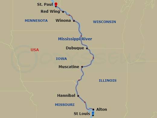 American Heritage - 8 Night - Upper Mississippi River Cruise - American Heritage - Starting in St Louis, MO / Alton, IL, Cruising the Mississippi River, Hannibal, MO, Day of Crui.. itinerary map