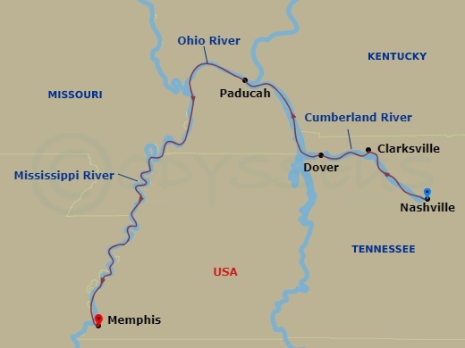 American Symphony - 8 Night - Music Cities Cruise - American Symphony - Starting in Nashville, TN, Cruising the Cumberland River, Clarksville, TN, Dover TN, Cruising Lake Barkley.. itinerary map