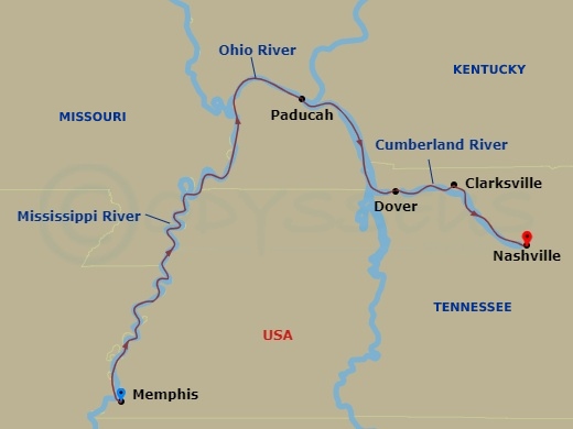 American Splendor - 8 Night - Music Cities Cruise - American Splendor - Starting in Memphis, TN, Day of River Cruising, Cruising the Ohio River, Paducah, KY, Cruising Lake Barkle.. itinerary map
