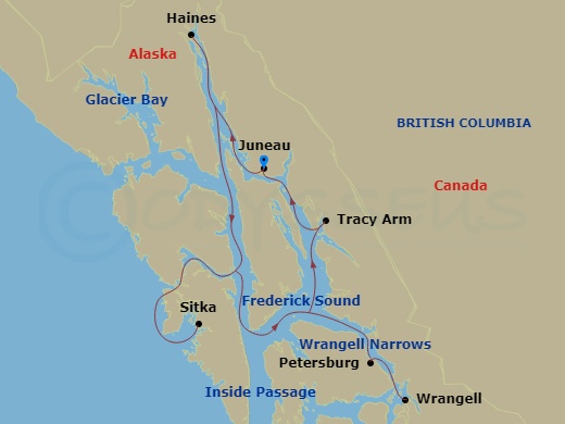 American Constitution - 11 Night - Alaskan Explorer Cruise - American Constitution - Starting in Juneau, Ak, Afternoon of Cruising, Haines, AK, Glacier Bay, AK, Day of Cruising the I.. itinerary map