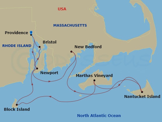 American Legend - 7 Night - New England Islands Cruise - American Legend - Starting in Providence, RI, New Bedford, MA, Nantucket Island, MA, Marthas Vineyard, MA, Block Island.. itinerary map