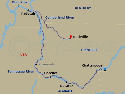 American Symphony - 8 Night - Tennessee Rivers Cruise - American Symphony - Starting in Chattanooga, TN, Cruising the Tennessee River, Decatur, AL, Florence, AL, Savannah, TN, Pa.. itinerary map