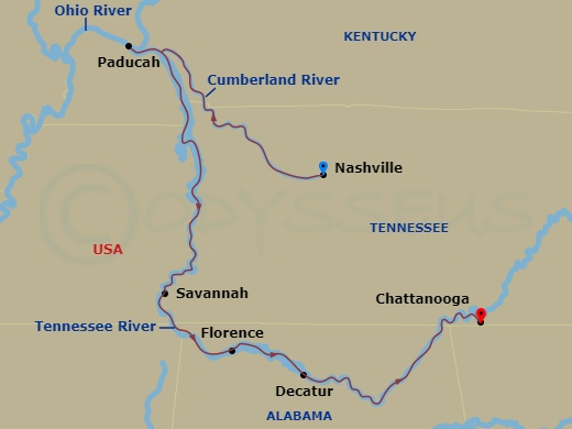 American Symphony - 8 Night - Tennessee Rivers Cruise - American Symphony - Starting in Nashville, TN, Cruising Lake Barkley and the Cumberland River, Paducah, KY, Savannah, TN,.. itinerary map