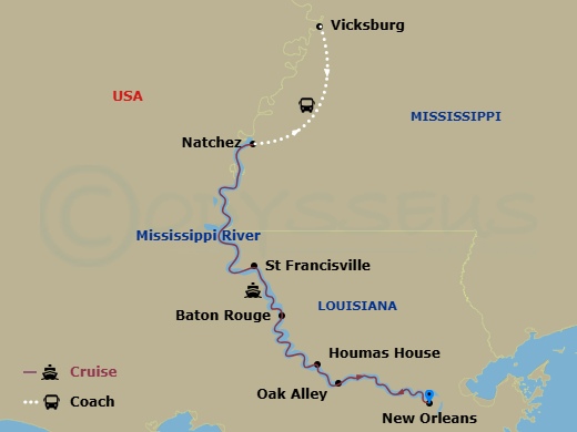 American Heritage - 7 Night - Historic Mississippi River Cruise - American Heritage - Starting in New Orleans, La, Cruising the Historic Mississippi River, Oak Alley, LA / Houmas.. itinerary map
