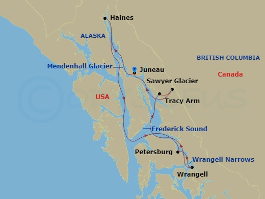 American Constellation - 8 Night - Southeast Alaska Cruise - American Constellation - Starting in Juneau, Ak, Afternoon of Cruising, Haines, AK, Glacier Bay, AK, Petersburg, AK, Cruis.. itinerary map