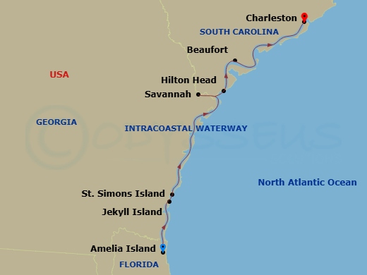 American Legend - 8 Night - Southeast Sea Islands Cruise - American Legend - Starting in Amelia Island, FL, Day of Cruising, Jekyll Island / St Simons Island, GA, Cruising Intr.. itinerary map