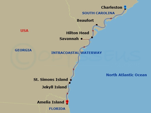 American Eagle - 8 Night - Southeast Sea Islands Cruise - American Eagle - Starting in Charleston, SC, Day of Cruising, Beaufort, SC, Hilton Head Island, SC, Savannah, GA, Cru.. itinerary map