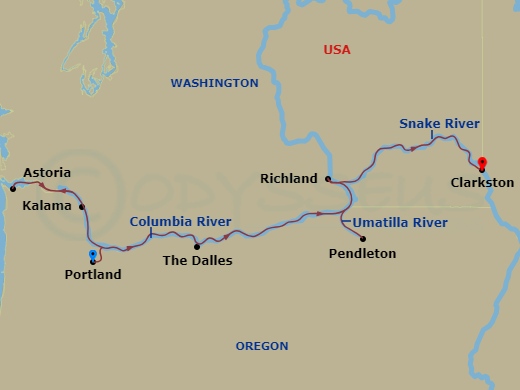 American Song - 8 Night - Columbia & Snake Rivers Cruise - American Song - Starting in Portland-OR, Cruising the Columbia River, Astoria, Or, Kalama, WA, The Dalles, OR, Crui.. itinerary map