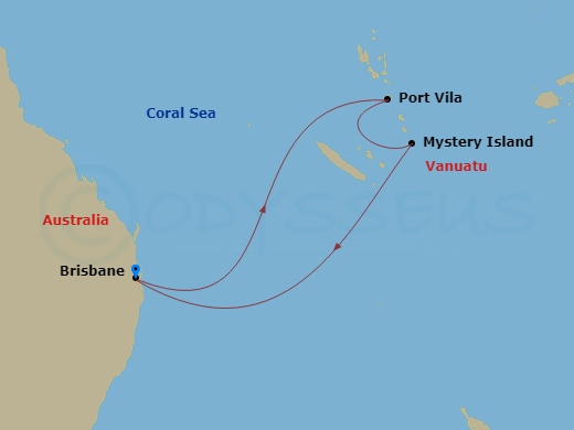 RCL Quantum of the Seas - 8 Night - South Pacific Cruise - RCL Quantum of the Seas - Starting in Brisbane, Australia, Vila, Vanuatu, Mystery Island, Vanuatu, Brisbane, Australia itinerary map