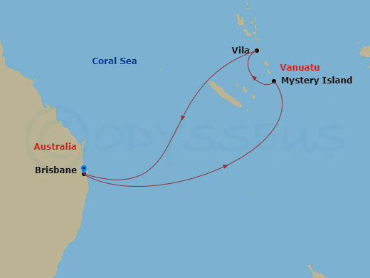 RCL Quantum of the Seas - 7 Night - South Pacific Cruise - RCL Quantum of the Seas - Starting in Brisbane, Australia, Mystery Island, Vanuatu, Vila, Vanuatu, Brisbane, Australia itinerary map