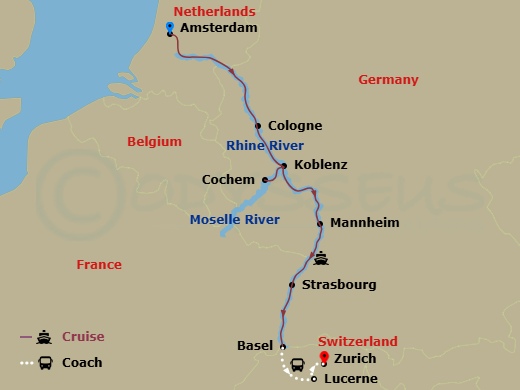 MS Amadeus Aurea Cruise Tours - 10 Night - Classical Rhine and Switzerland Extension - MS Amadeus Aurea Cruise Tours - Starting in Amsterdam, Cologne, Cochem, Koblenz, Mannheim, Strasbourg,.. itinerary map