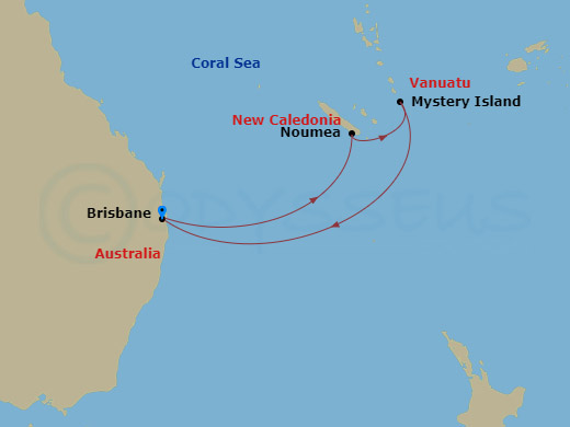 RCL Quantum of the Seas - 7 Night - South Pacific Cruise - RCL Quantum of the Seas - Starting in Brisbane, Australia, Noumea, New Caledonia, Mystery Island, Vanuatu, Brisbane, Australia itinerary map