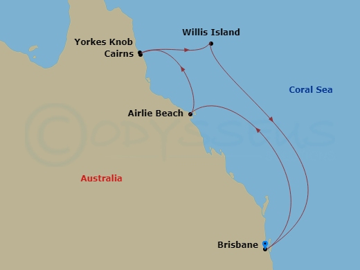 RCL Quantum of the Seas - 6 Night - Queensland Cruise - RCL Quantum of the Seas - Starting in Brisbane, Australia, Airlie Beach, Australia, Cairns (Yorkeys Knob), Australia, Willis Isl.. itinerary map