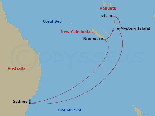 RCL Anthem of the Seas - 8 Night - South Pacific Cruise - RCL Anthem of the Seas - Starting in Sydney AU, Mystery Island, Vanuatu, Vila, Vanuatu, Noumea, New Caledonia, Sydney AU itinerary map
