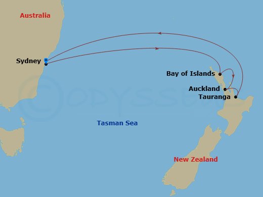 RCL Anthem of the Seas - 9 Night - New Zealand Holiday Cruise - RCL Anthem of the Seas - Starting in Sydney AU, Bay of Islands, New Zealand, Auckland, New Zealand, Tauranga, New Zeala.. itinerary map