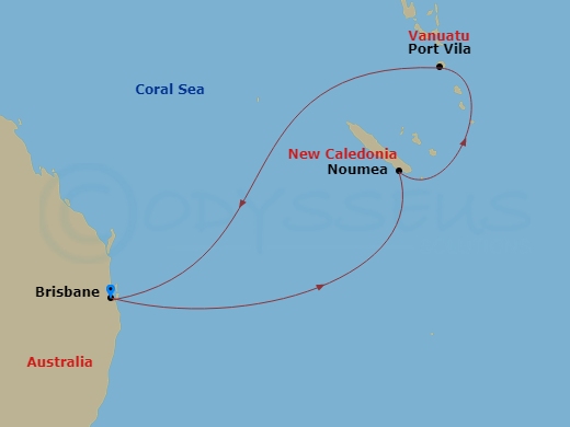 RCL Quantum of the Seas - 7 Night - South Pacific Cruise - RCL Quantum of the Seas - Starting in Brisbane, Australia, Noumea, New Caledonia, Vila, Vanuatu, Brisbane, Australia itinerary map