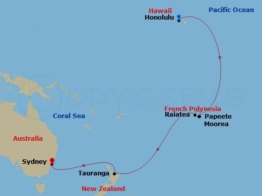 RCL Anthem of the Seas - 19 Night - Transpacific Cruise - RCL Anthem of the Seas - Starting in Honolulu, Oahu, Hawaii, Papeete, Tahiti, Moorea, French Polynesia, Raiatea, French Polyn.. itinerary map