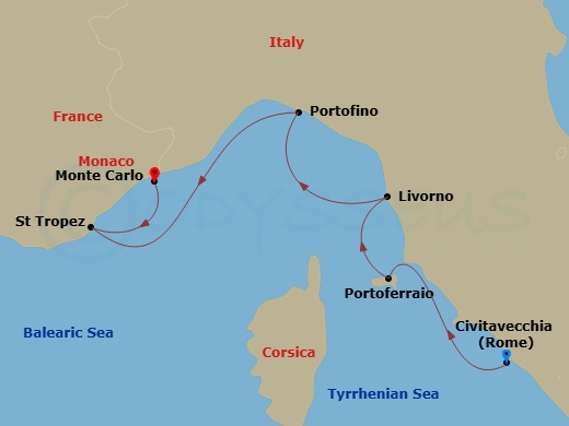 Evrima - 5 Night - Rome (Civitavecchia) / Monte Carlo - Evrima - Starting in Rome (Civitavecchia), Portoferraio, Elba, Livorno, Portofino, Saint-Tropez, Monte Carlo itinerary map